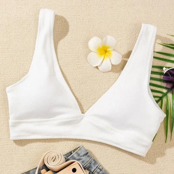 SHEIN Swim Shein White Ribbed Vneck Bikini Top Poshmark